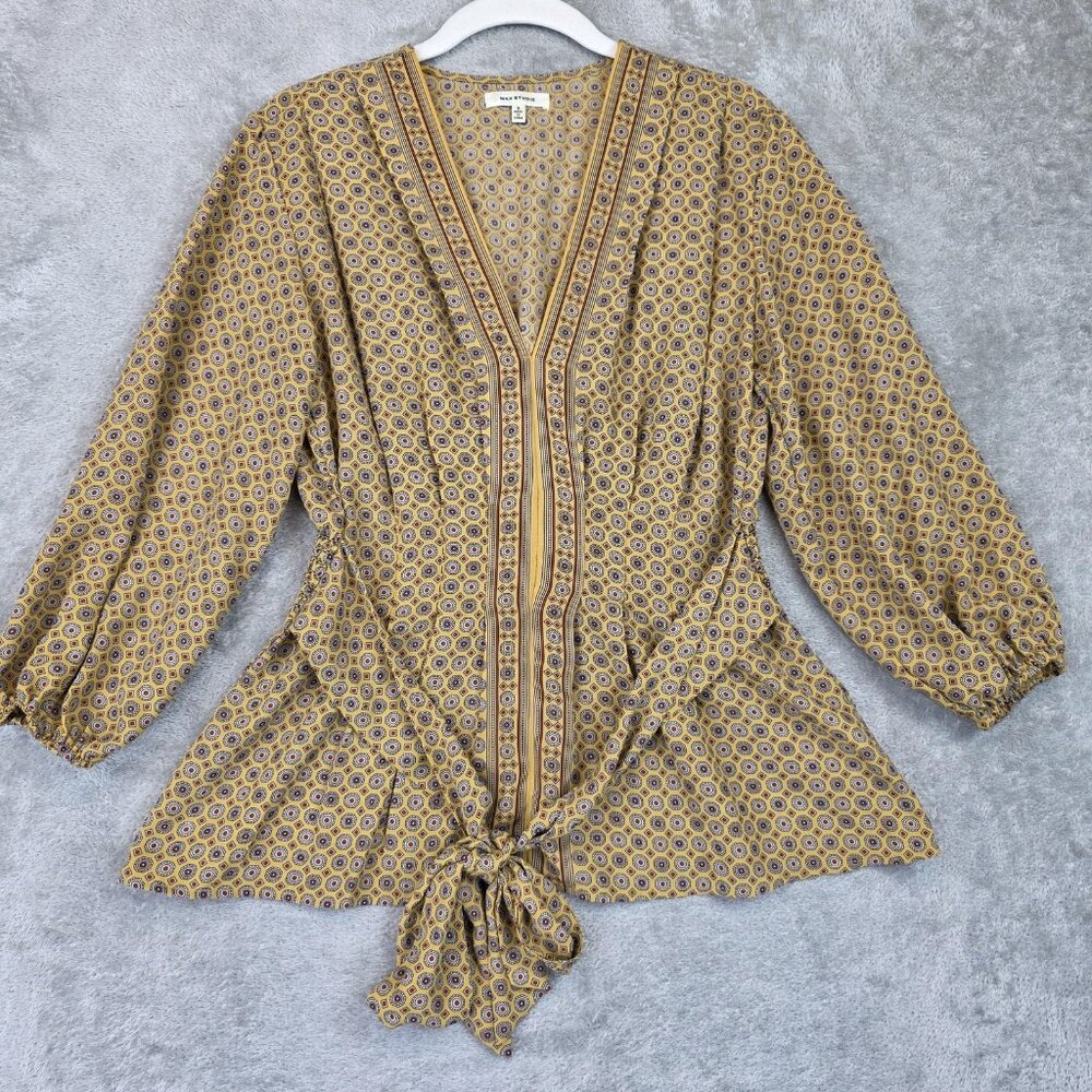 Max Studio Blouse Womens Small Yellow Boho Geometric Print Tie Front Peplum